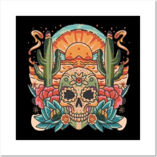 Traditional Skull in Desert Tattoo Posters and Art